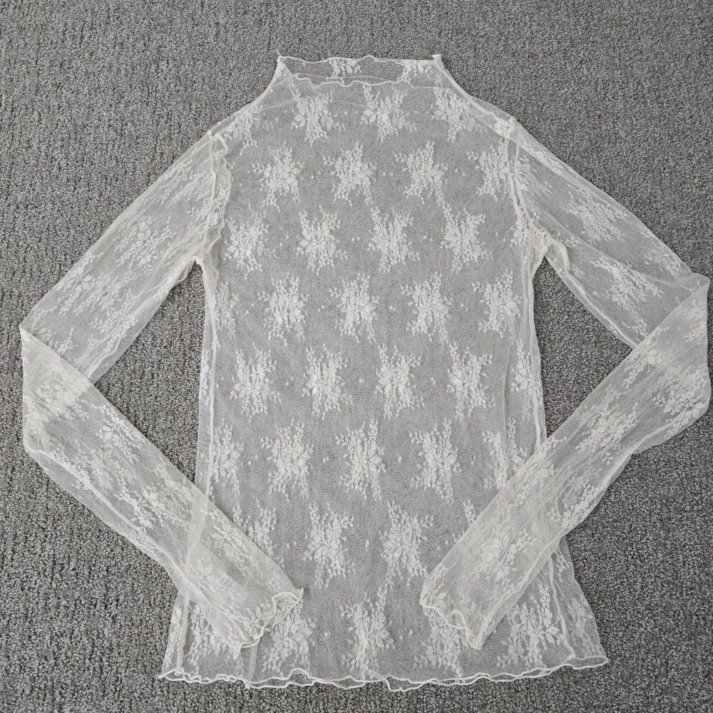 Womens Sheer Lace‎ Mock Neck Top White Floral Mesh Romantic Fairycore